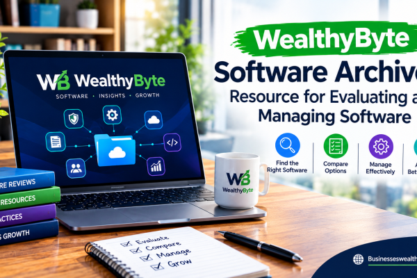 WealthyByte software archives banner featuring a laptop, software management icons, digital tools, and business resources with Businesseswealthybyte.com watermark