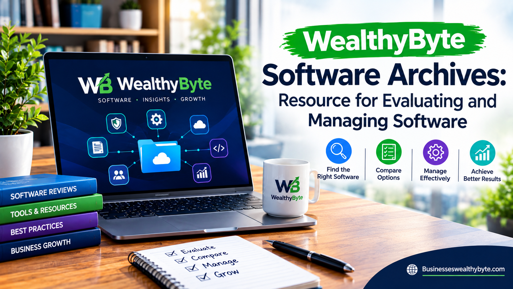 WealthyByte software archives banner featuring a laptop, software management icons, digital tools, and business resources with Businesseswealthybyte.com watermark