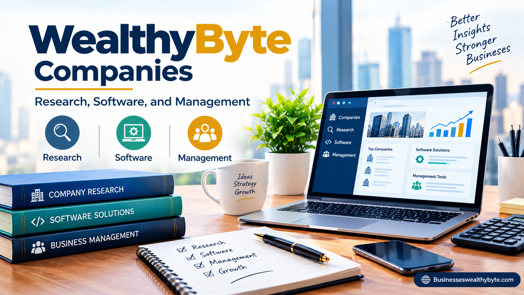WealthyByte business guide covering company research, software resources, financial education, and business management