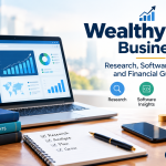 WealthyByte Business featured image showing a laptop with business analytics, research and software books, financial charts, a calculator, and gold coins
