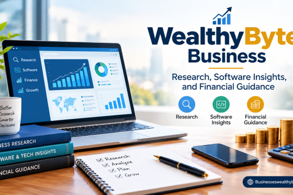 WealthyByte Business featured image showing a laptop with business analytics, research and software books, financial charts, a calculator, and gold coins