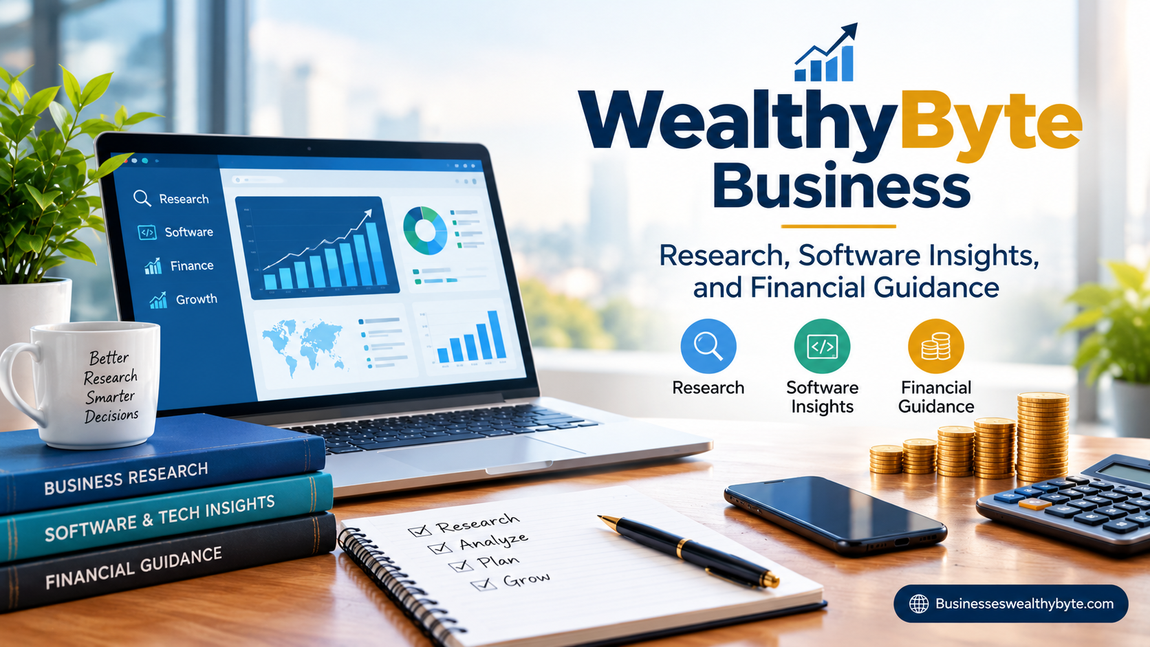 WealthyByte Business featured image showing a laptop with business analytics, research and software books, financial charts, a calculator, and gold coins