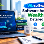 Wbsoftwarement software advice banner featuring a laptop, technology icons, and business growth visuals with WealthyByte branding