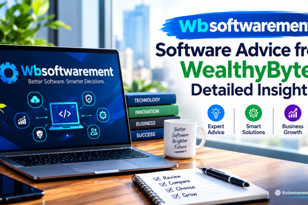 Wbsoftwarement software advice banner featuring a laptop, technology icons, and business growth visuals with WealthyByte branding