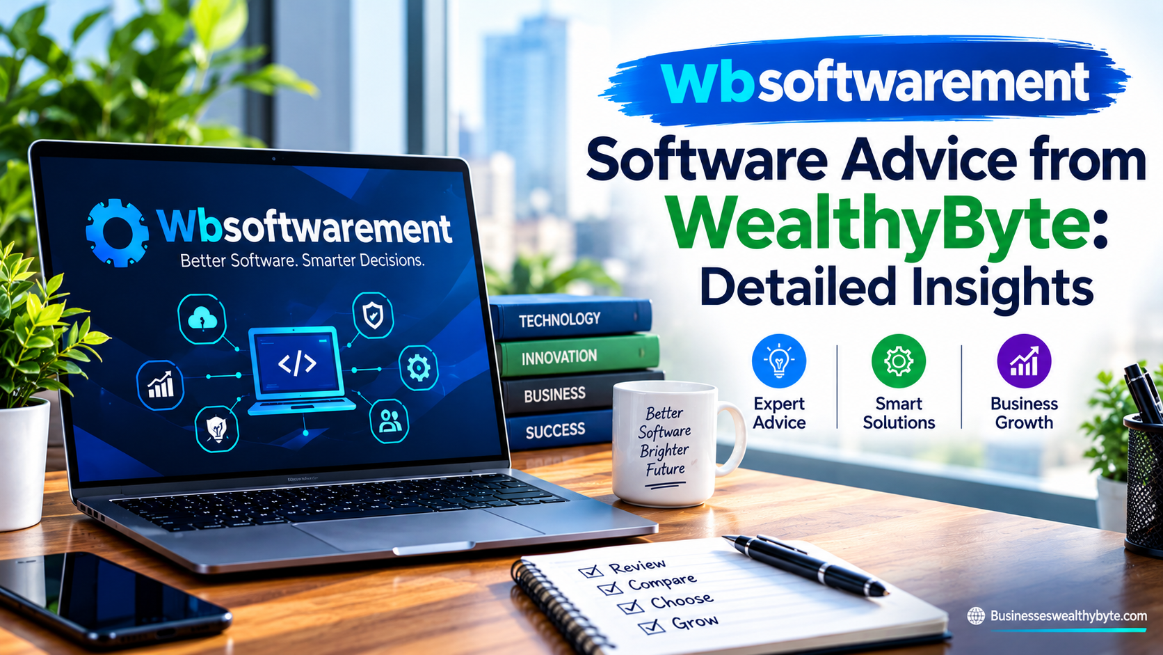 Wbsoftwarement software advice banner featuring a laptop, technology icons, and business growth visuals with WealthyByte branding