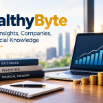 WealthyByte business and finance workspace featuring a laptop with financial charts, gold coins, business books, and a notebook, representing business insights and financial knowledge