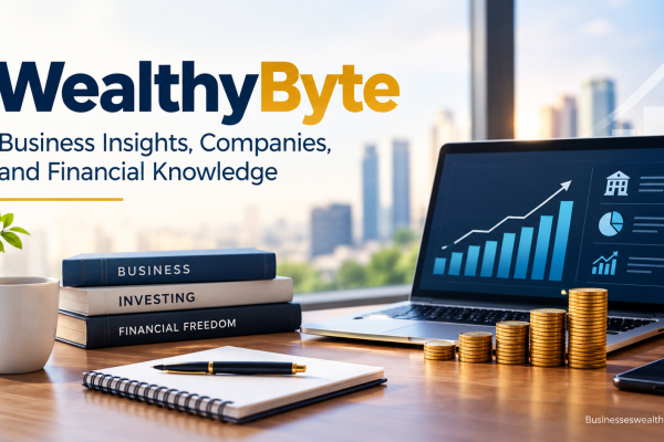 WealthyByte business and finance workspace featuring a laptop with financial charts, gold coins, business books, and a notebook, representing business insights and financial knowledge