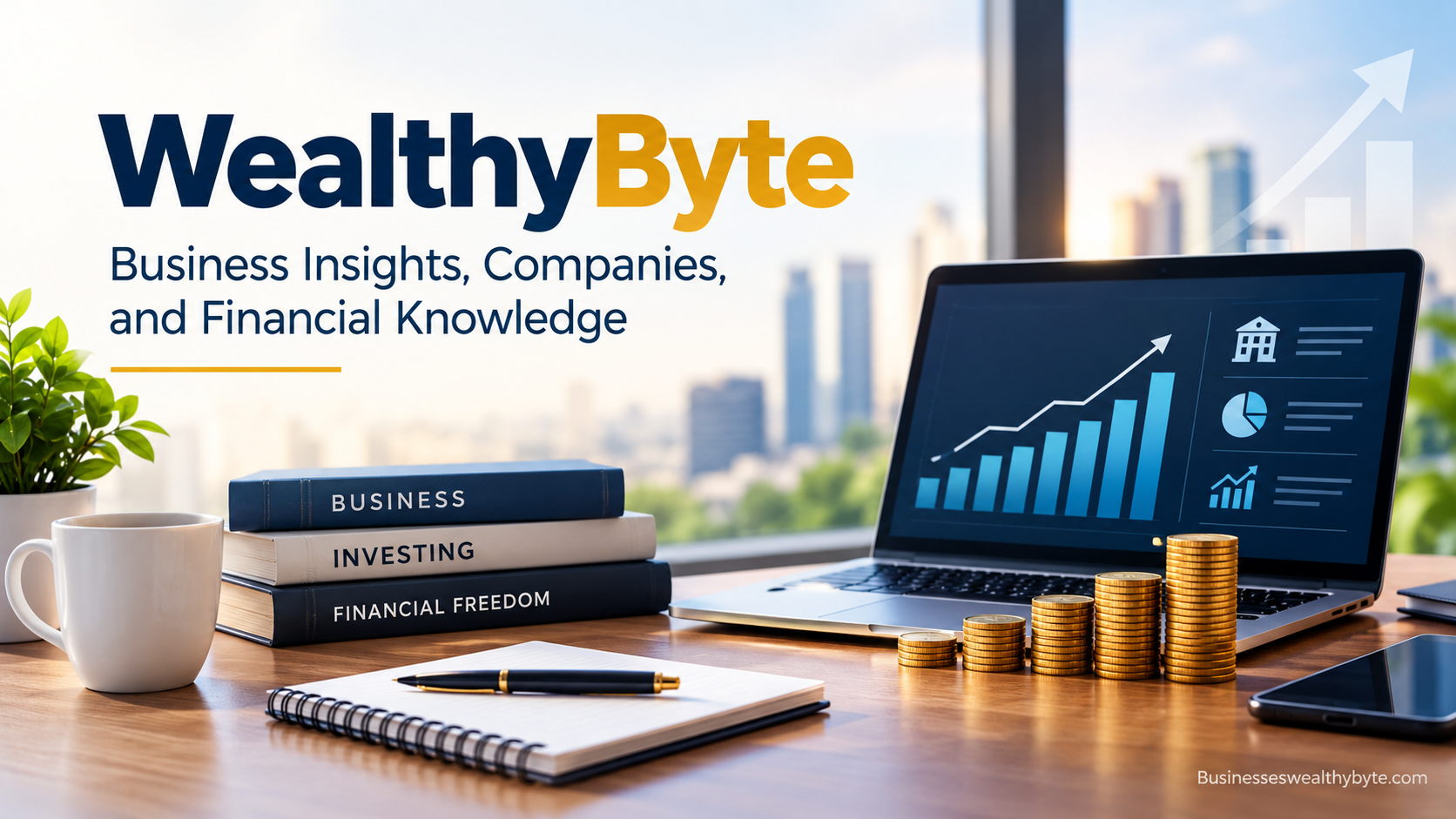 WealthyByte business and finance workspace featuring a laptop with financial charts, gold coins, business books, and a notebook, representing business insights and financial knowledge